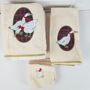 VTG 80s set Christmas goose bath towels linens plaid cottage grandma NWOT